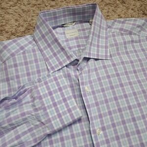 Culturata Tailored Fit Purple Plaid Mens XL 17.5 44 Long Sleeve Button‎ Up